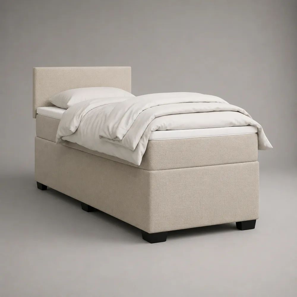 Boxspringbett 90 x 200 cm mit Matratze, Topper und gepolstertem Kopfteil, Stoffbezug Beige
