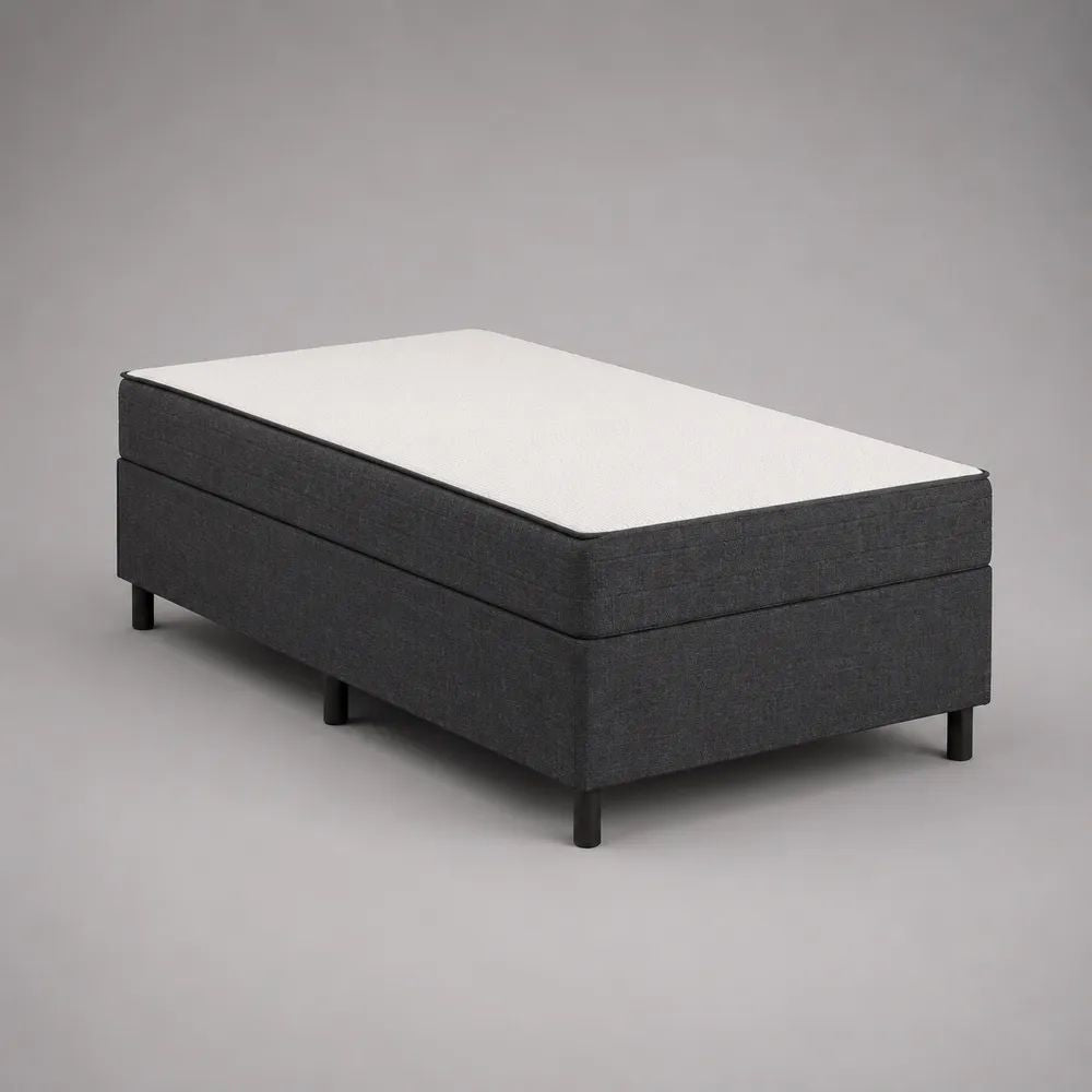 Boxspringbett 90 × 200 cm mit Matratze, Polyester in Dunkelgrau mit weißer Liegefläche, Gesamthöhe 58 cm