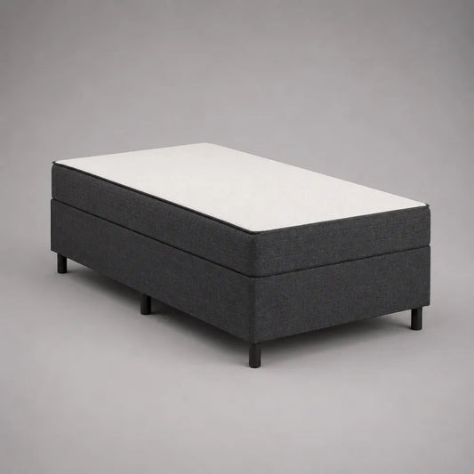 Boxspringbett 90 × 200 cm mit Matratze, Polyester in Dunkelgrau mit weißer Liegefläche, Gesamthöhe 58 cm