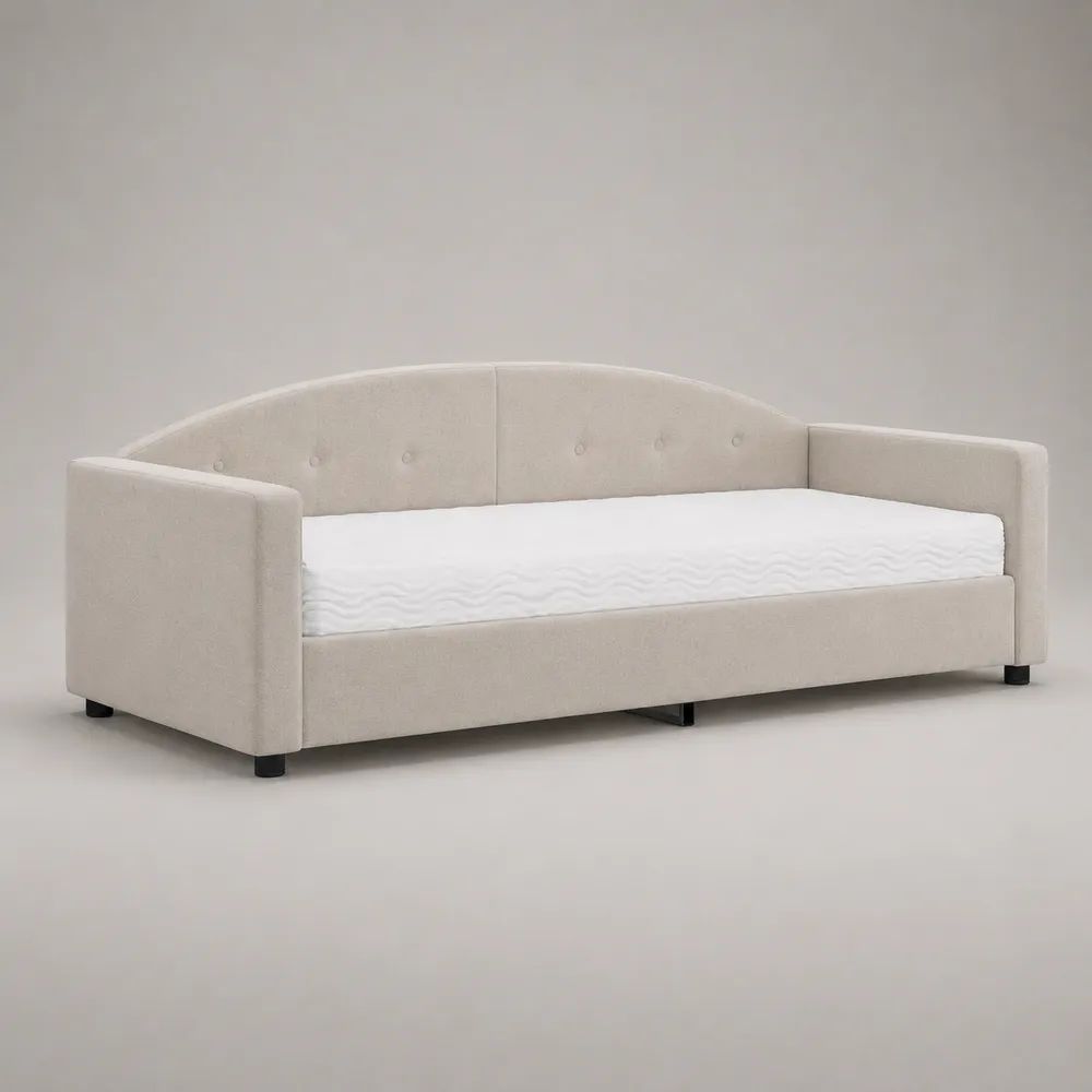 Tagesbett 90 x 200 cm, Polsterbett mit Lattenrost und Polyesterbezug, Cremeweiß, 215 x 105 x 87 cm