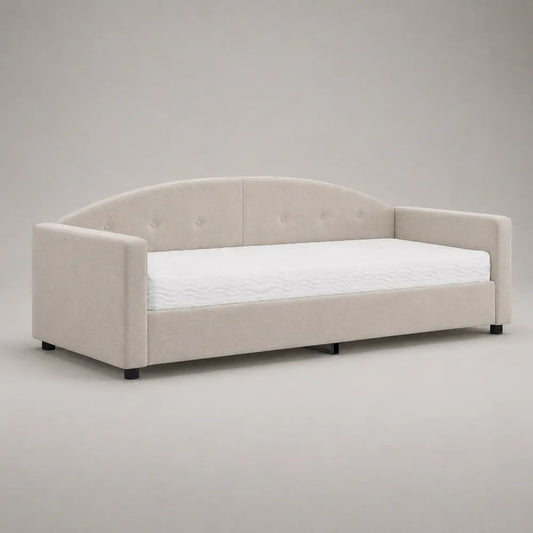 Tagesbett 90 x 200 cm, Polsterbett mit Lattenrost und Polyesterbezug, Cremeweiß, 215 x 105 x 87 cm