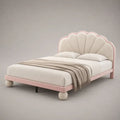 Polsterbett Doppelbett mit Muschel-Kopfteil, Stoff in Samtoptik, Rosa/Cremeweiß, Liegefläche 160 × 200 cm