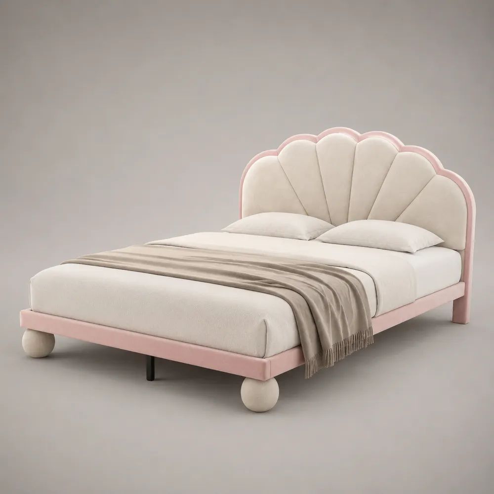 Polsterbett Doppelbett mit Muschel-Kopfteil, Stoff in Samtoptik, Rosa/Cremeweiß, Liegefläche 160 × 200 cm
