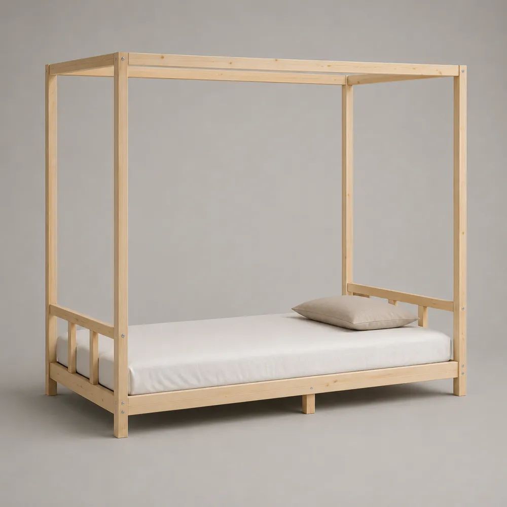 Himmelbett 140 × 200 cm aus massivem Kiefernholz, Natur