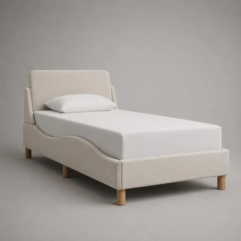 Polsterbett Einzelbett 90 × 200 cm mit Kopfteil, Polyester-Bouclé, Creme, 105 × 216 × 105 cm