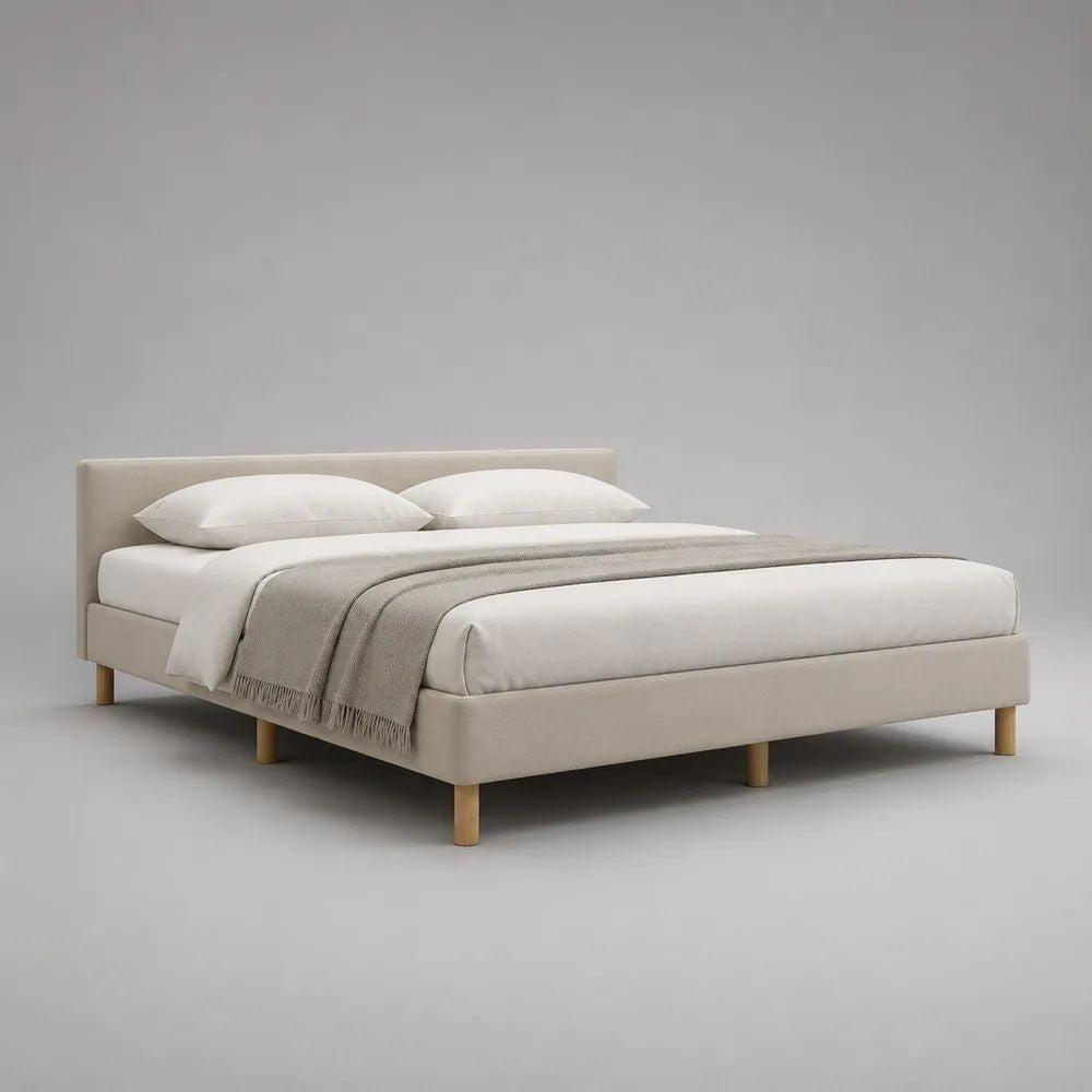Beiges Polsterbett 180 × 200 cm mit Lattenrost, Stoffbezug und Holzfüßen, Gesamtmaß 216 × 190 × 91 cm