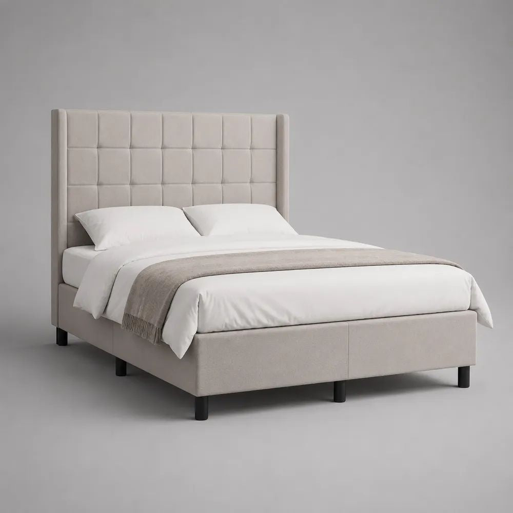 Polsterbett Doppelbett 160 x 200 cm mit Lattenrost und hohem gestepptem Kopfteil, Polyester, Beige/Schwarz