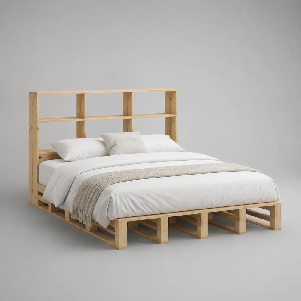 Doppelbett-Bettgestell aus massivem Kiefernholz mit Regal-Kopfteil, Liegefläche 180 × 200 cm, Natur