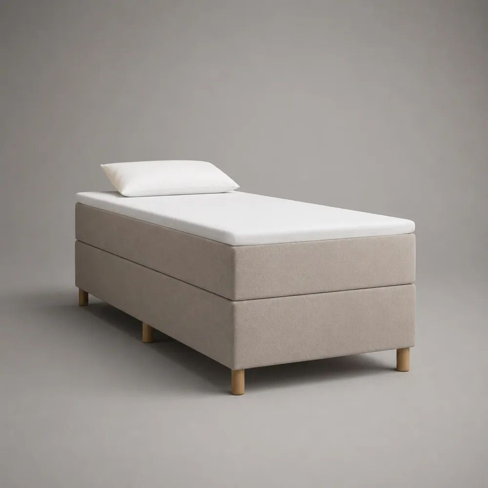 Boxspringbett Einzelbett 90 × 200 cm ohne Kopfteil mit Taschenfederkernmatratze, Topper und Kissen, Stoff, Beige/Weiß/Natur