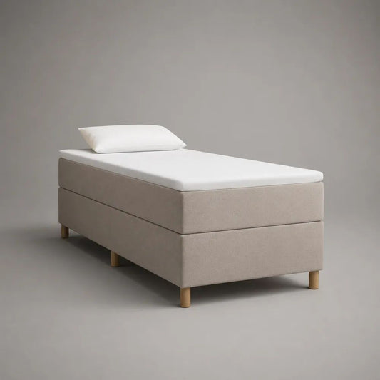 Boxspringbett Einzelbett 90 × 200 cm ohne Kopfteil mit Taschenfederkernmatratze, Topper und Kissen, Stoff, Beige/Weiß/Natur