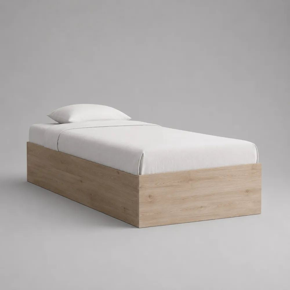 Einzelbett-Bettgestell 90 × 200 cm aus melaminharzbeschichteter Spanplatte in Heller Eiche mit Lattenrost