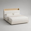Polsterbett Doppelbett 180 x 200 cm mit hohem Kopfteil, Polyesterbezug, Weiß/Natur