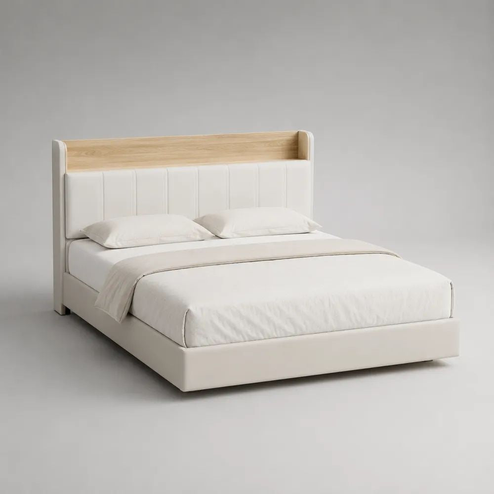 Polsterbett Doppelbett 180 x 200 cm mit hohem Kopfteil, Polyesterbezug, Weiß/Natur