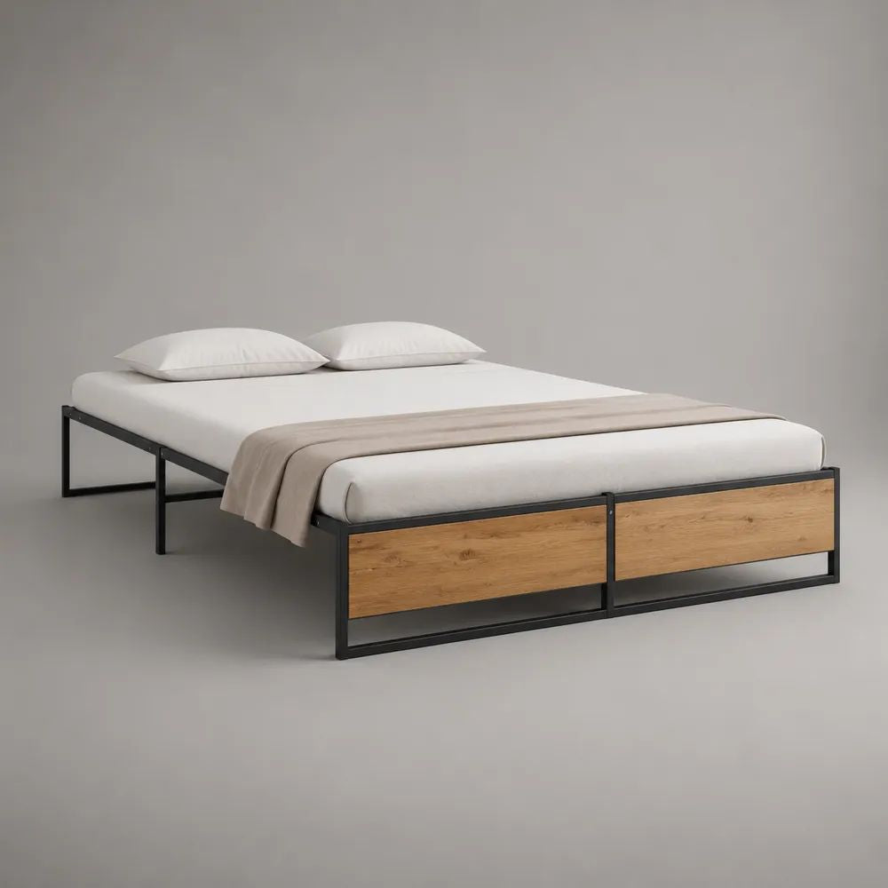 Doppelbett Metallbettgestell aus Stahl mit Holz-Fußteil, Eichefarben/Schwarz, Liegefläche 160 × 200 cm