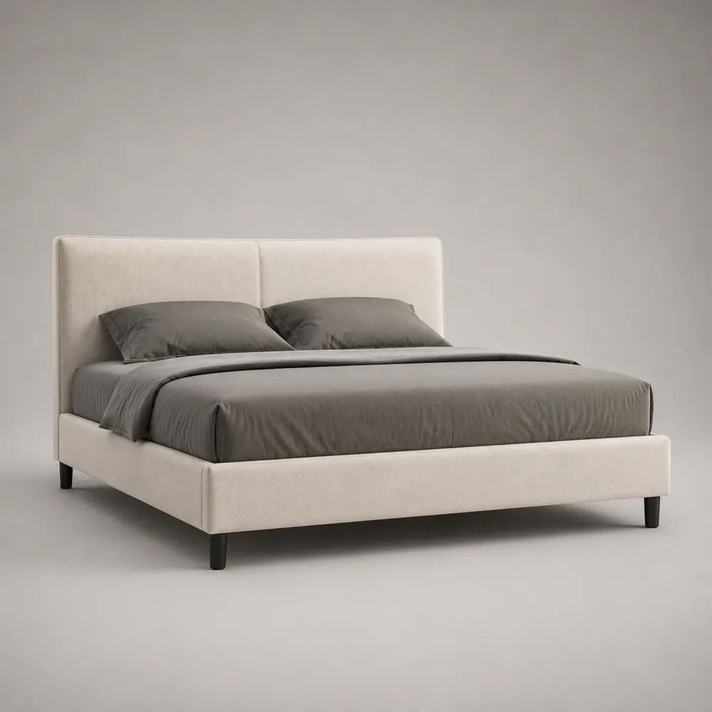 Polsterbett Doppelbett 160 x 200 cm mit Stoffbezug, gepolstertem Kopfteil und Lattenrost, Cremeweiß/Schwarz