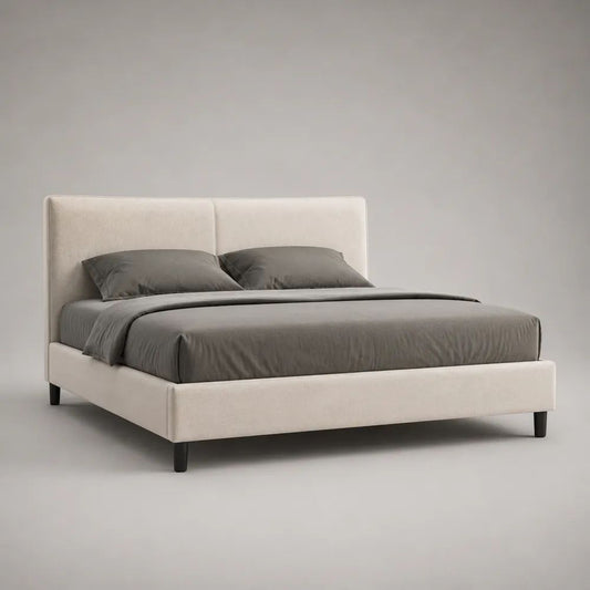 Polsterbett Doppelbett 160 x 200 cm mit Stoffbezug, gepolstertem Kopfteil und Lattenrost, Cremeweiß/Schwarz