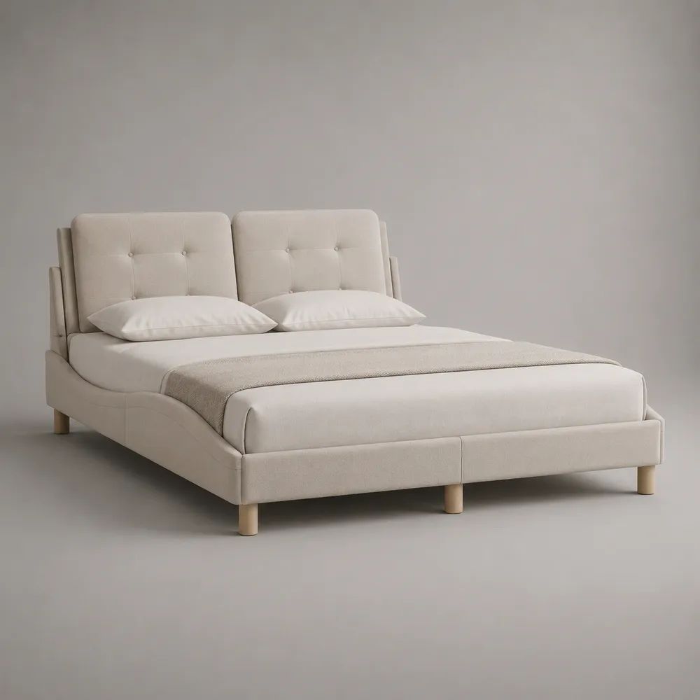 Polsterbett Doppelbett 160 × 200 cm mit gepolstertem Stoff-Kopfteil, Beige/Natur