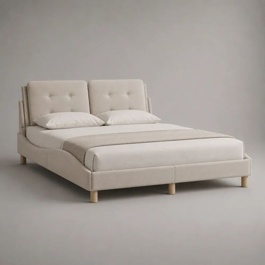 Polsterbett Doppelbett 160 × 200 cm mit gepolstertem Stoff-Kopfteil, Beige/Natur