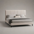 Polsterbett Doppelbett mit Lattenrost und hohem Kopfteil, Polyesterbezug Beige, Füße Schwarz, Liegefläche 160 × 200 cm