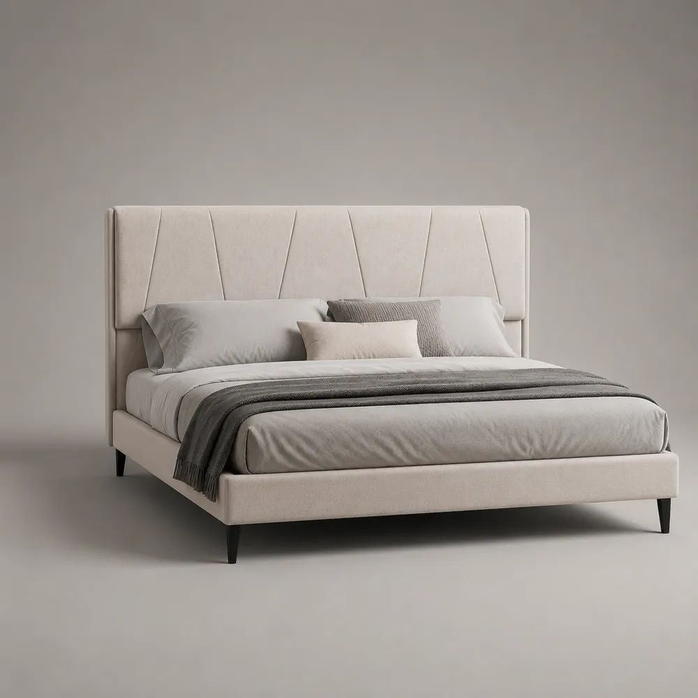 Polsterbett Doppelbett mit Lattenrost und hohem Kopfteil, Polyesterbezug Beige, Füße Schwarz, Liegefläche 160 × 200 cm