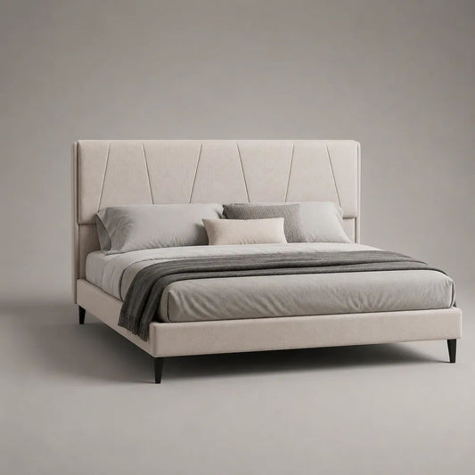 Polsterbett Doppelbett mit Lattenrost und hohem Kopfteil, Polyesterbezug Beige, Füße Schwarz, Liegefläche 160 × 200 cm